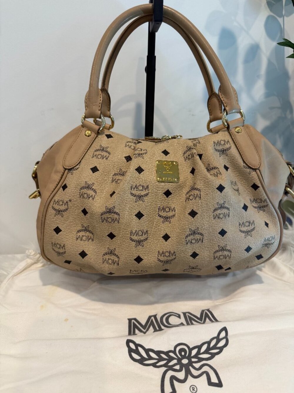 MCM Visetos Monogram Leather Satchel Bag - Beige/Tan
